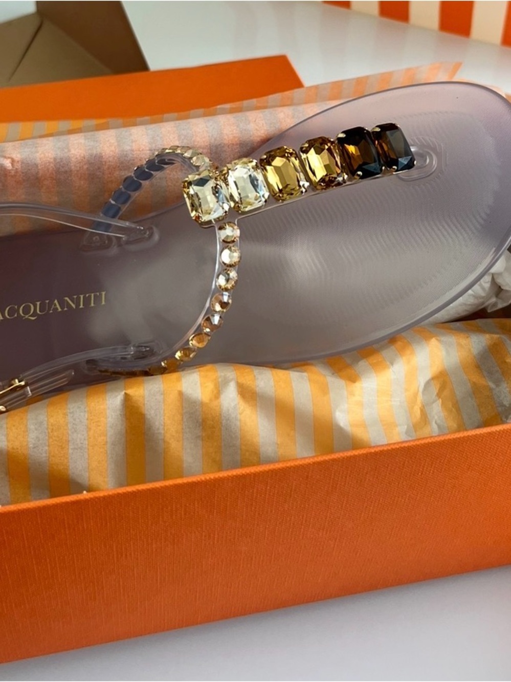 D. Lacquaniti Crystal-Embellished Clear Sandal in Smoke made in Italy -